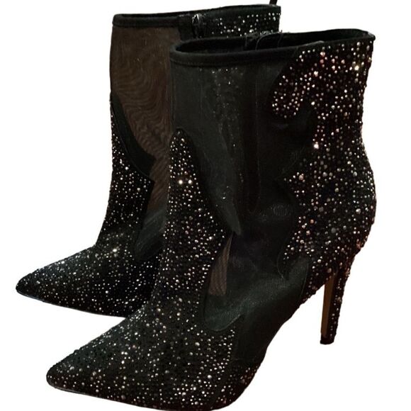 Express Black Sheer Mesh Panels Rhinestone Pointed Toe Stiletto Zip-Up Size 10 - Picture 3 of 15